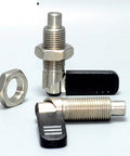 Heavy Duty Lever Type Indexing Plunger With Built In Spring And Steel Pin For Exact 180 Degree Position Locking, Fine Thread M16 Size, showing plunger and nut.