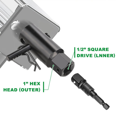 Heavy Duty Trailer Jack Drill Adapter Fits 1 Inch Shafts with 1/2 inch square drive and 1 inch hex head for lifting trailers.