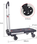 Straight Up Heavy Duty Metal Platform Cart With Four Cushioned Wheels Folding Utility Dolly showing wheel detail and dimensions.