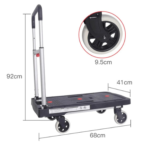Straight Up Heavy Duty Metal Platform Cart With Four Cushioned Wheels Folding Utility Dolly showing wheel detail and dimensions.