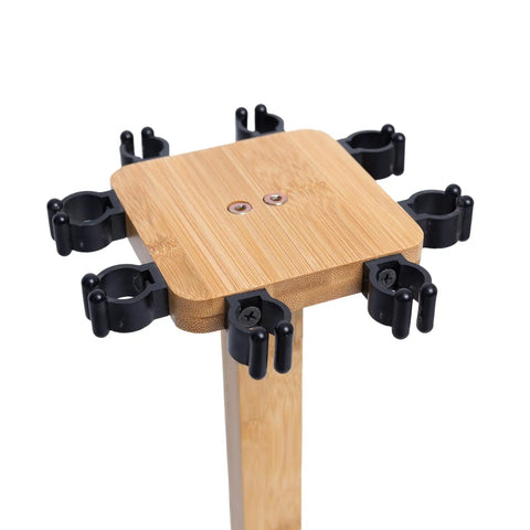 Close-up of Eight Rod Floor Stand For Fishing Poles Bamboo Base Storage Rack with soft ring protectors, easy install design.
