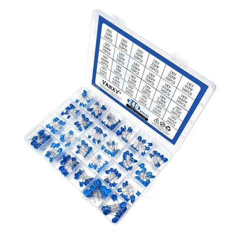 Open box of High Voltage Ceramic Disc Capacitor Kit, 1KV DIP, 240 Pieces, 24 Values From 10pF To 100nF, compartments visible