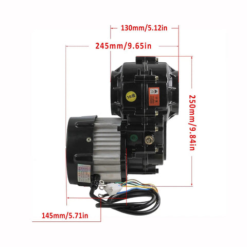 Heavy Duty 48V 1000W Brushless Electric Differential Motor With Gearbox dimensions 130mm x 250mm x 245mm for karts and carts.