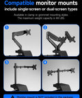 Level Up Your Setup With One Touch Electric Height Adjustable Mobile Gaming Desk Featuring Floating Shelf Dedicated CPU Stand Three Posture Modes And Built In Power Strip showing four monitor mount installation steps on a sleek black design.