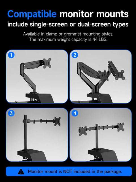 Level Up Your Setup With One Touch Electric Height Adjustable Mobile Gaming Desk Featuring Floating Shelf Dedicated CPU Stand Three Posture Modes And Built In Power Strip showing four monitor mount installation steps on a sleek black design.
