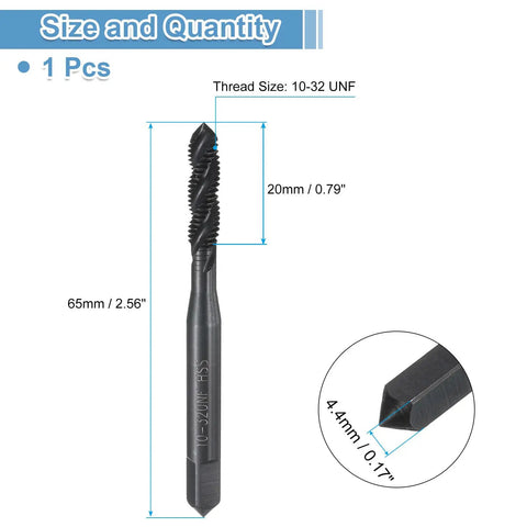 Heavy Duty Spiral Flute Thread Tap 10-32 UNF With H2 Precision. 65mm length, nitrided coating for clean metal threading.