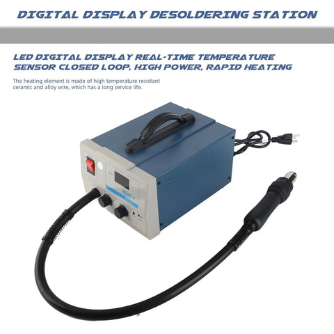 Desoldering Station 850D Hot Air Rework Tool With LED Digital Display and Solder Removal Kit, showing unit and hot air gun.