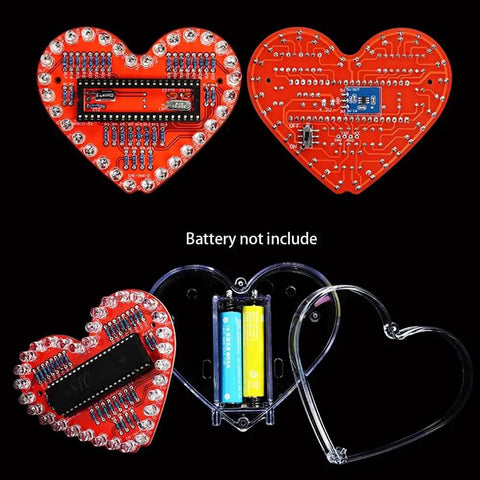 Heart Shaped LED Flashing Light Kit With 51 Microcontroller For Electronics, 32 Colorful 5mm LEDs, exposed circuit board view