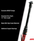 Long Reach 15.3 Inch Pneumatic Ratchet with 200 RPM speed, detailed view showing extended drive shaft and AIRCAT branding.