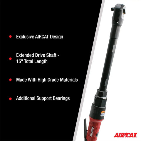 Long Reach 15.3 Inch Pneumatic Ratchet with 200 RPM speed, detailed view showing extended drive shaft and AIRCAT branding.