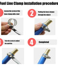Step-by-step installation of Heavy Duty Stainless Steel Hose Clamps 10 Pack, Adjustable 1-1/2 To 2-1/2 Inch Worm Gear Clamps on fuel line.