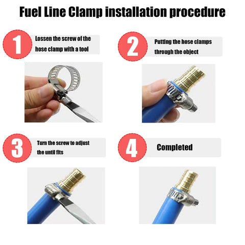 Step-by-step installation of Heavy Duty Stainless Steel Hose Clamps 10 Pack, Adjustable 1-1/2 To 2-1/2 Inch Worm Gear Clamps on fuel line.