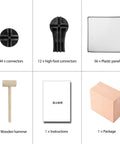 Components of 16 Cube Gray Storage Organizer Kit including panels, connectors, wooden hammer, instructions, and package