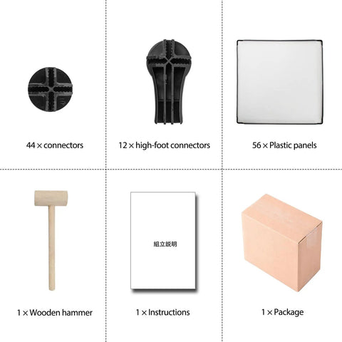 Components of 16 Cube Gray Storage Organizer Kit including panels, connectors, wooden hammer, instructions, and package