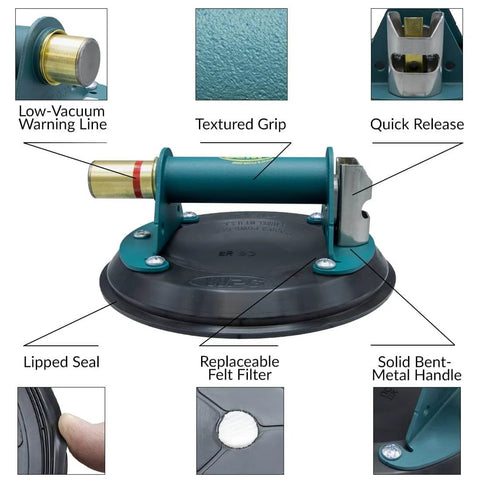 8 Inch Flat Vacuum Suction Cup With Metal Handle And Hand Pump, Red Line Indicator, showing key features and grip texture.