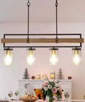 4 Light Farmhouse Kitchen Island Pendant Light With Black Metal And Wood Finish, 36 Inch Linear Hanging Chandelier in dining room