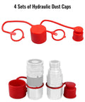 Dust caps for 1/2 inch flat-face hydraulic quick-connects; red plastic caps with metal coupler fittings, 4 sets