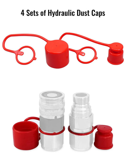 Dust caps for 1/2 inch flat-face hydraulic quick-connects; red plastic caps with metal coupler fittings, 4 sets