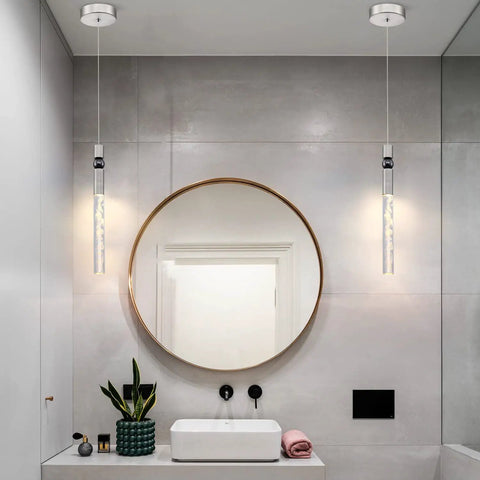 LED Pendant Lights Cylinder Crystal Fixtures With 10W Integrated LED 3000K Warm Light in a modern bathroom setting