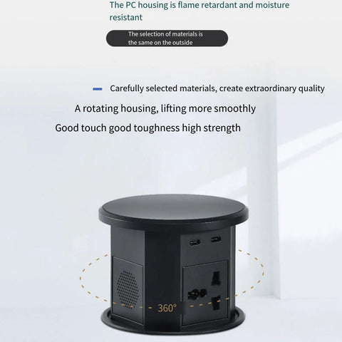 Slick Smart Pop Up Desk Power Strip With Built In Wireless Charging And Auto Lift Design Flame Retardant Hidden Layout No Sweat Installation For Tight Spaces, rotating black housing.