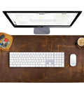 Premium Full Grain Leather Desk Pad Thick 3mm Double Layer 31x15.6 Inches Large Desk Protector with keyboard on wooden desk