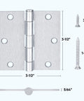 Diagram of a 3-1/2" steel door hinge with dimensions, showing screw sizes and thickness. For Six Pack Three And A Half Inch Door Hinges.