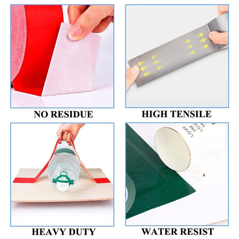 Four uses of Dark Brown Duct Tape 2.36 Inch Wide By 108 Feet Heavy Duty Tape With Easy Tear Premium Grade Adhesive shown in images