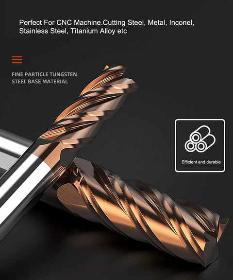 Front view of two copper-coated carbide square end mills with spiral flutes, 2–12 mm, 4-flute set