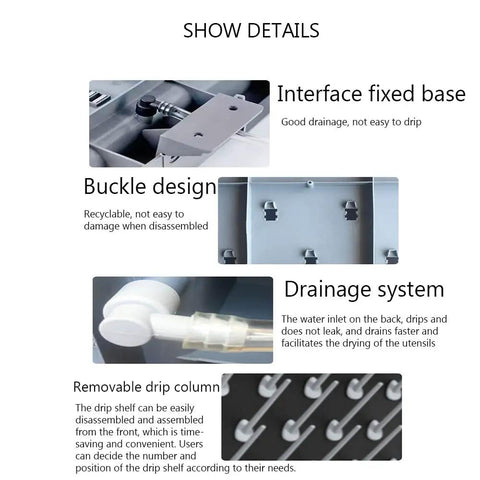Detailed view of Heavy Duty Lab Drying Rack With Detachable Pegs For Glassware Cleaning showing drainage system and removable drip column.