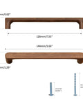 Walnut Round Wooden Drawer Pulls 5 Inch Four Pack for Cabinets and Kitchen Doors with dimensions and screws shown