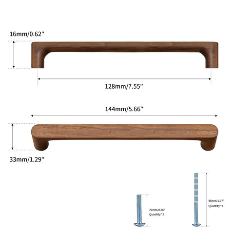 Walnut Round Wooden Drawer Pulls 5 Inch Four Pack for Cabinets and Kitchen Doors with dimensions and screws shown