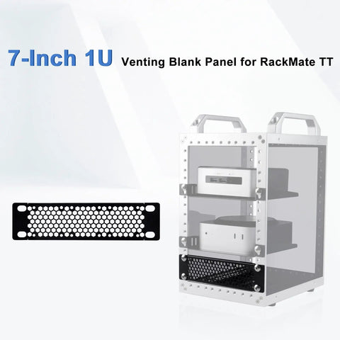 7 Inch 1U Vented Blank Panel Metal Rack Mount for DeskPi RackMate TT Server Cabinet next to partially assembled cabinet