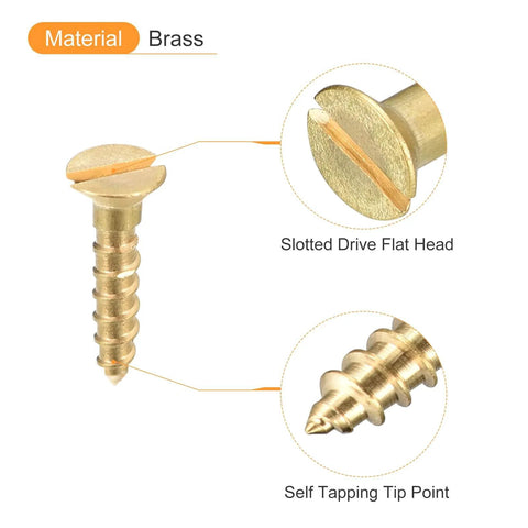Brass Wood Screws 30Pcs M1.6 X 8mm Slotted Flat Head Self Tapping Countersunk for Woodworking and Furniture, close-up view