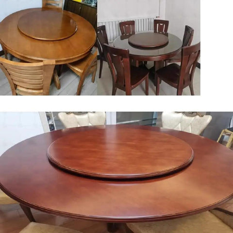 Smooth Rotating Wood Lazy Susan Turntable Serving Tray For Gatherings And Dinners on round wooden table with chairs.
