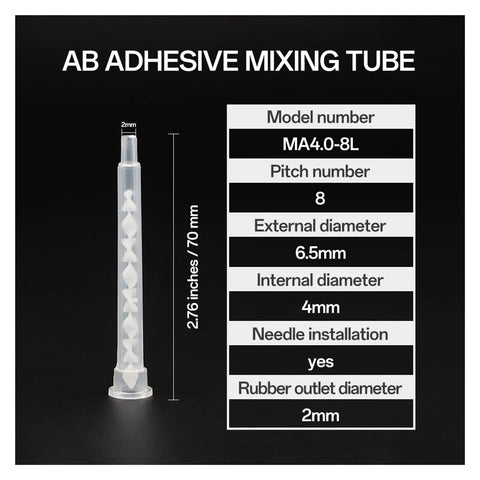 AB adhesive mixing tube model MA4.0-8L, external diameter 6.5mm, 2.76 inches, for precise mixing applications.