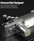 Side view of a metal-bodied reciprocating linear actuator with a mounted motor on a steel plate