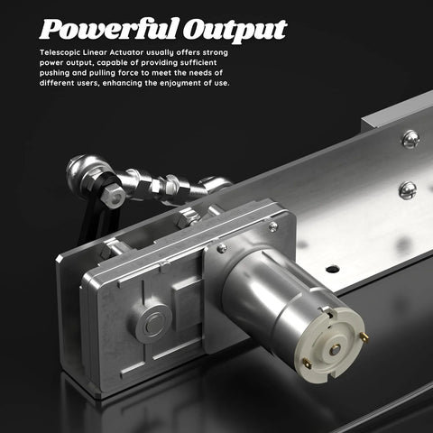 Side view of a metal-bodied reciprocating linear actuator with a mounted motor on a steel plate