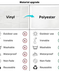 Comparison chart of vinyl vs polyester materials for 7x5ft Science Birthday Backdrop For Mad Scientist Party Decor Kid Friendly Chemistry Lab Theme Photo Booth Prop Polyester Seamless Non Reflective Photography Background Banner For School Classroom, highlighting polyester benefits.