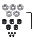 Five Pack Ball Bearing Shank Router Bit Accessory Kit for quarter inch shank bits tough carbide steel, bearings, collars, screws, wrench
