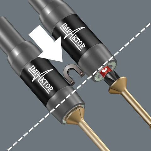 Diagram showing the assembly of Bit-Check 30 Impaktor 1 30-Piece Bit Set with retaining ring and ring magnet for impact drivers.