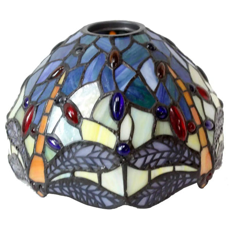 Stained Glass Tiffany Style Dragonfly Table Lamp With Blue Yellow Glass Shade Dope Bronze Metal Leaf Base 21 Inch Tall Desk Light For Bedroom Or Home Office UL Listed Easy Cord Switch Ideal Small Space Accent - dragonfly glass shade close-up.