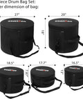 Ultra Heavy Duty 5 Piece Padded Drum Bag Set With Tough Durable Nylon Travel Cases, inner dimensions shown for various sizes.