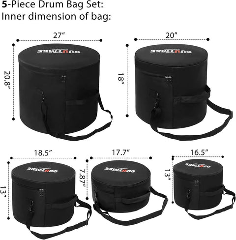 Ultra Heavy Duty 5 Piece Padded Drum Bag Set With Tough Durable Nylon Travel Cases, inner dimensions shown for various sizes.