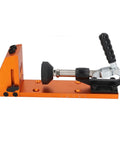 Side view of the Pro Grade 15 Degree Pocket Hole Jig Kit With Aluminum Alloy Construction In Bright Orange for woodworking projects.