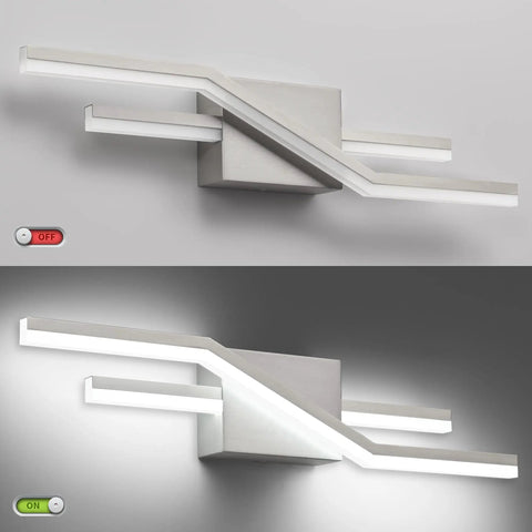 Brushed Nickel Dimmable Vanity Light Fixtures For Bathroom Over Mirror With Four Spotlight Bars illuminated on and off