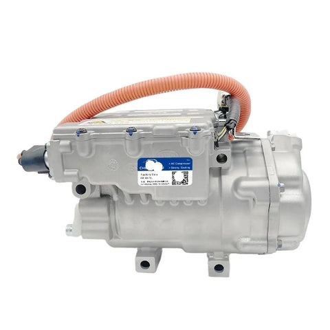 Electric AC Compressor Straight Swap for BYD Qin EV Climate Control System with orange hose and factory specs.