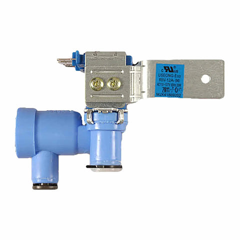 Genuine OEM Water Inlet Valve Model MJX41869202 for refrigerators replacement part, blue and silver design with metal bracket