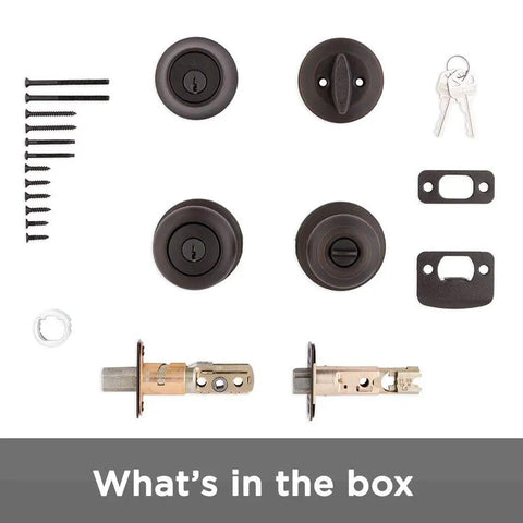 Cove Entry Knob And Single Cylinder Deadbolt Combo Pack In Venetian Bronze, Universal Handing, shown with included parts and keys.