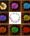 Various colors of the Lit 20-Piece LED Deck Lights Kit With 1.22 Inch Recessed RGBW LEDs, WiFi App Control in a circular layout.
