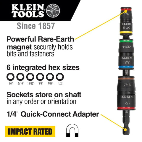 Diagram showing 7-In-1 Flip Socket Set with SAE Nut Driver Sizes, magnetic holder, and quick-connect adapter.